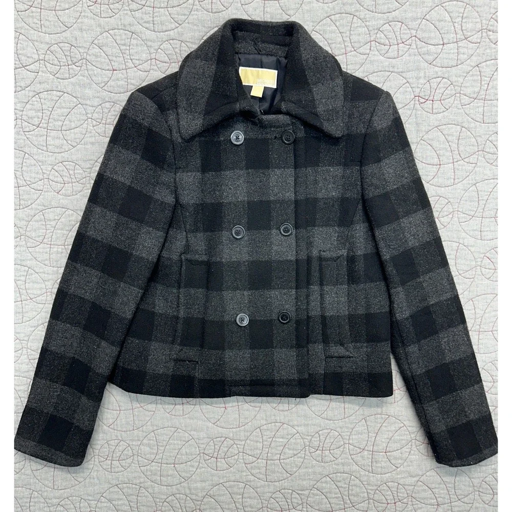 Michael Kors Pea Coat Gray Black Buffalo Plaid Wool / Women's Large
